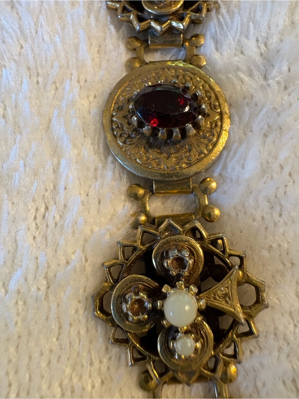 Gold-Tone Bracelet with Red and Cream Cabochons. Vintage